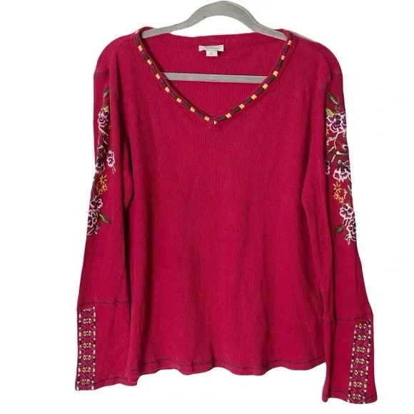 Nwot Sundance Waffle Thermal Top L Embroidery Floral Boho Indie Retro Magenta - Picture 2 of 7